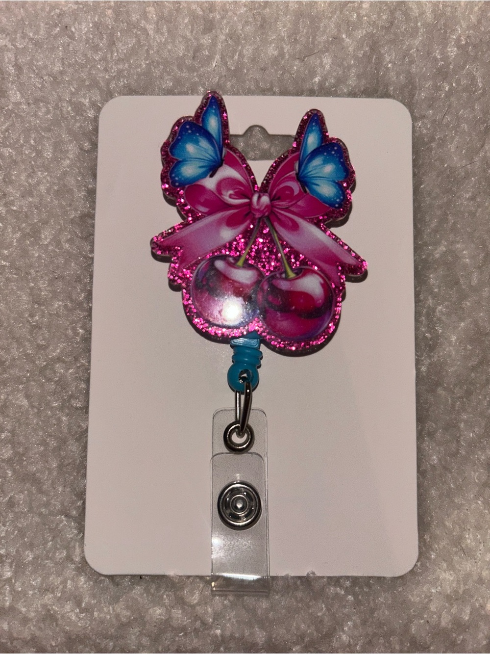 Pink Cherry & Blue Butterfly Badge Reel